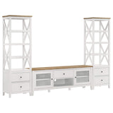 Mueble para TV Hollis de 67 pulgadas, madera, dos puertas y cajón, marrón y blanco