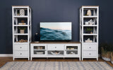 Mueble para TV Hollis de 67 pulgadas, madera, dos puertas y cajón, marrón y blanco