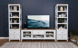 Mueble para TV Hollis de 67 pulgadas, madera, dos puertas y cajón, marrón y blanco