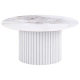 Mesa de centro redonda de piedra sinterizada Rowena de imitación mármol blanco
