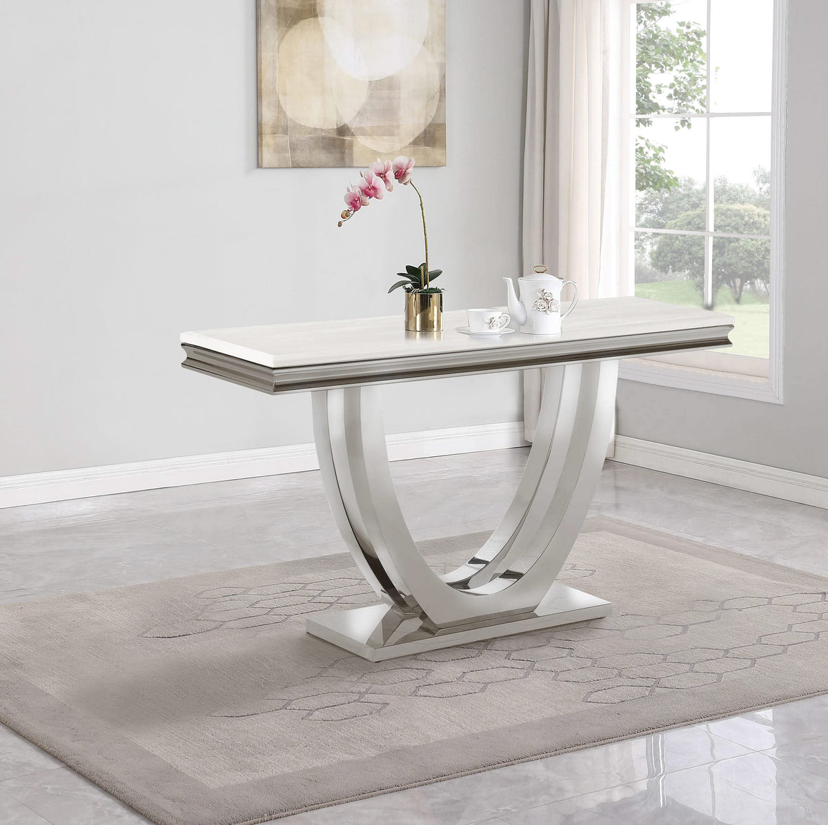 Mesa consola para sofá de entrada con base en U y cubierta de piedra Kerwin, cromada