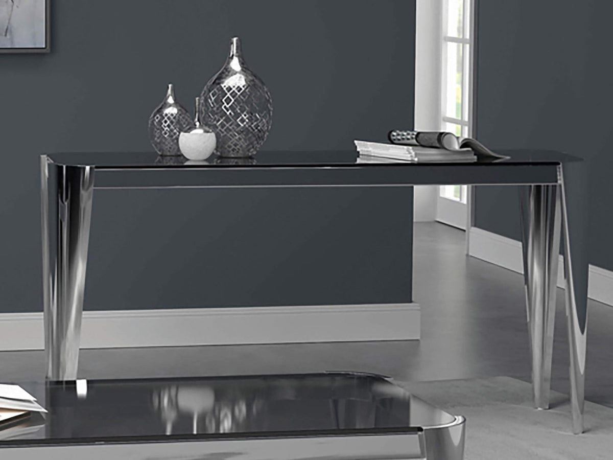 Mesa consola rectangular con tapa de cristal en color plateado y gris