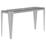 Mesa consola rectangular con tapa de cristal en color plateado y gris