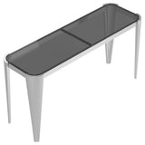 Mesa consola rectangular con tapa de cristal en color plateado y gris
