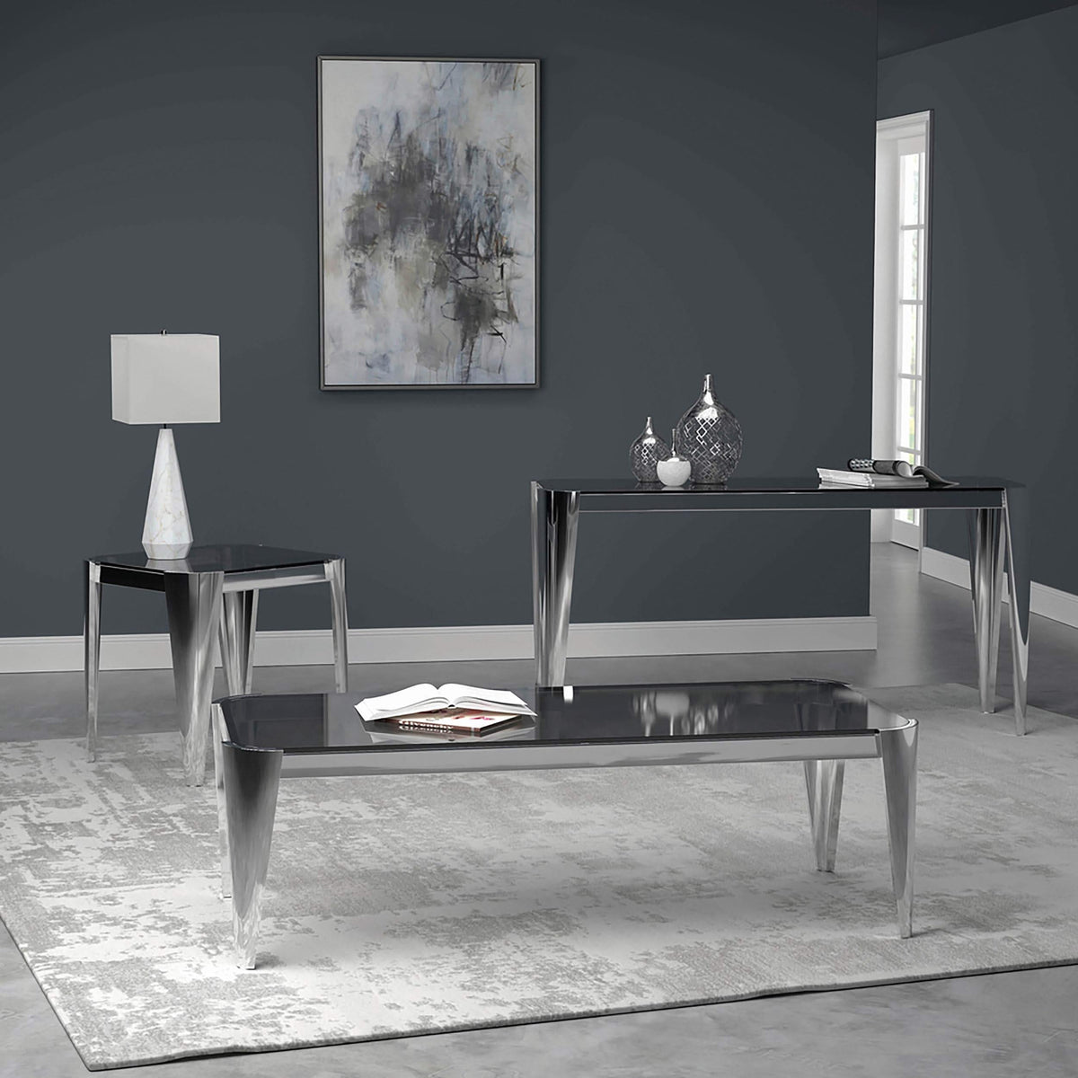 Mesa consola rectangular con tapa de cristal en color plateado y gris
