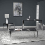 Mesa consola rectangular con tapa de cristal en color plateado y gris