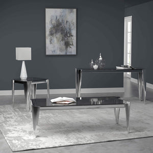 Mesa consola rectangular con tapa de cristal en color plateado y gris