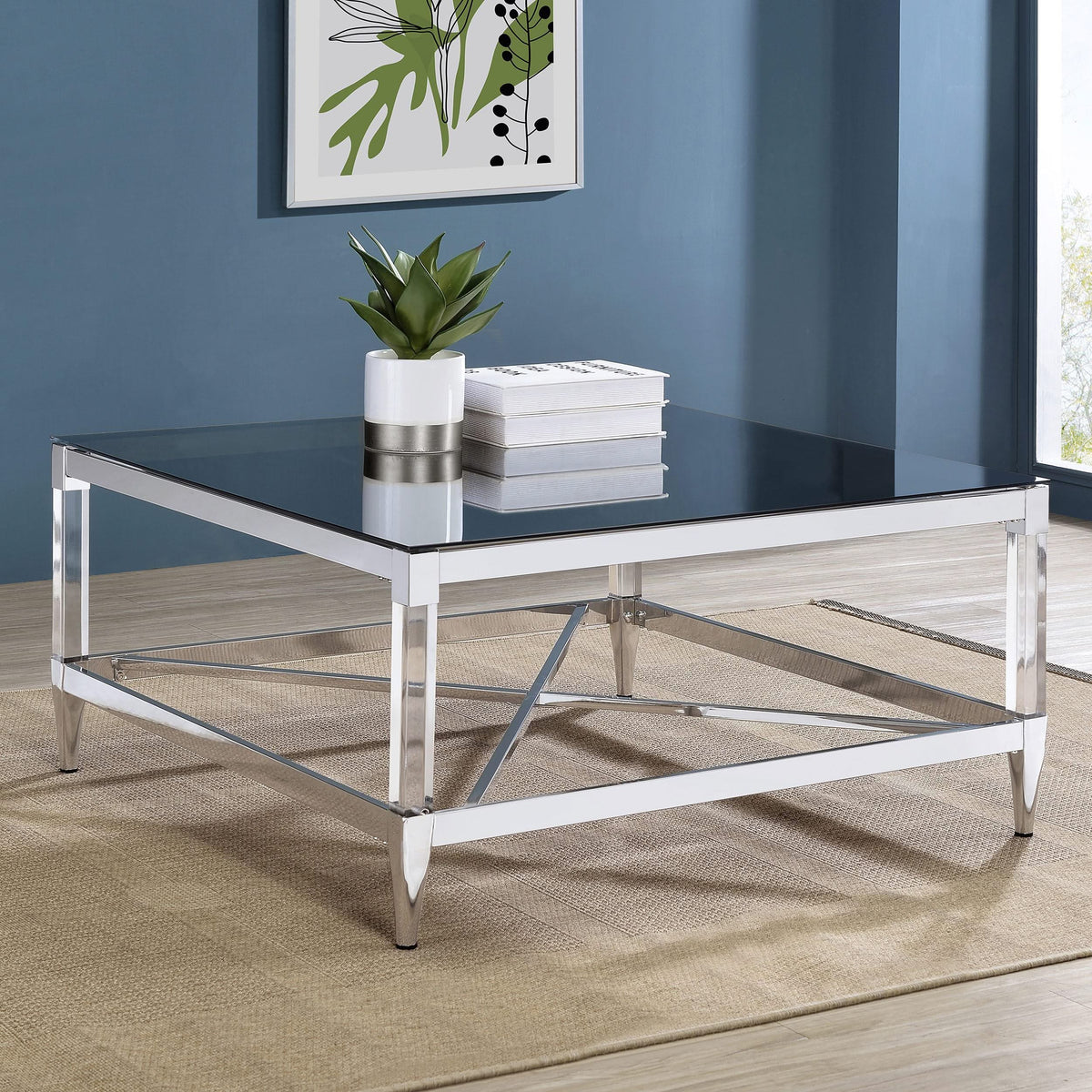 Mesa de centro cuadrada de acrílico templado con espejo Lindley, cromada