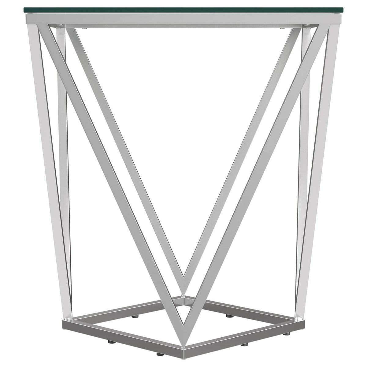 Mesa auxiliar geométrica Brittania con tapa de cristal cuadrada y níquel