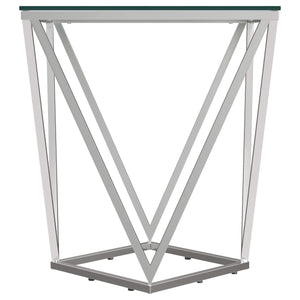 Mesa auxiliar geométrica Brittania con tapa de cristal cuadrada y níquel