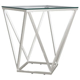 Mesa auxiliar geométrica Brittania con tapa de cristal cuadrada y níquel