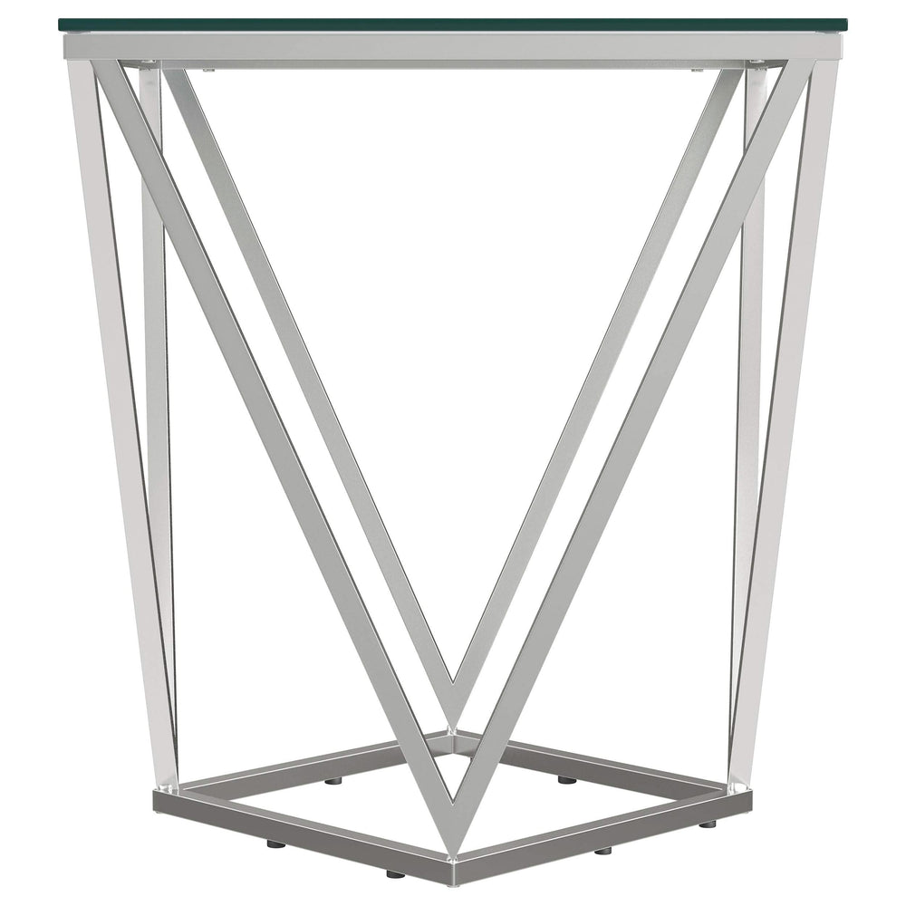 Mesa auxiliar geométrica Brittania con tapa de cristal cuadrada y níquel