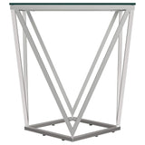 Mesa auxiliar geométrica Brittania con tapa de cristal cuadrada y níquel