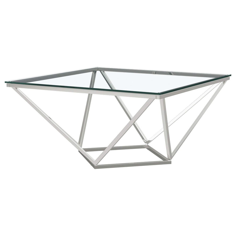 Mesa de centro geométrica Brittania con tapa de cristal cuadrada en níquel