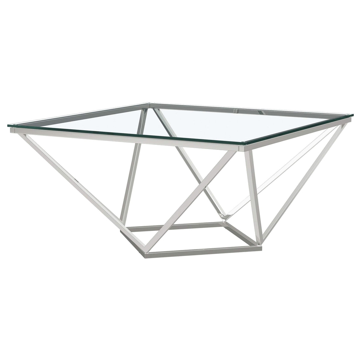 Mesa de centro geométrica Brittania con tapa de cristal cuadrada en níquel