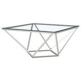 Mesa de centro geométrica Brittania con tapa de cristal cuadrada en níquel