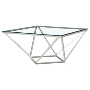 Mesa de centro geométrica Brittania con tapa de cristal cuadrada en níquel