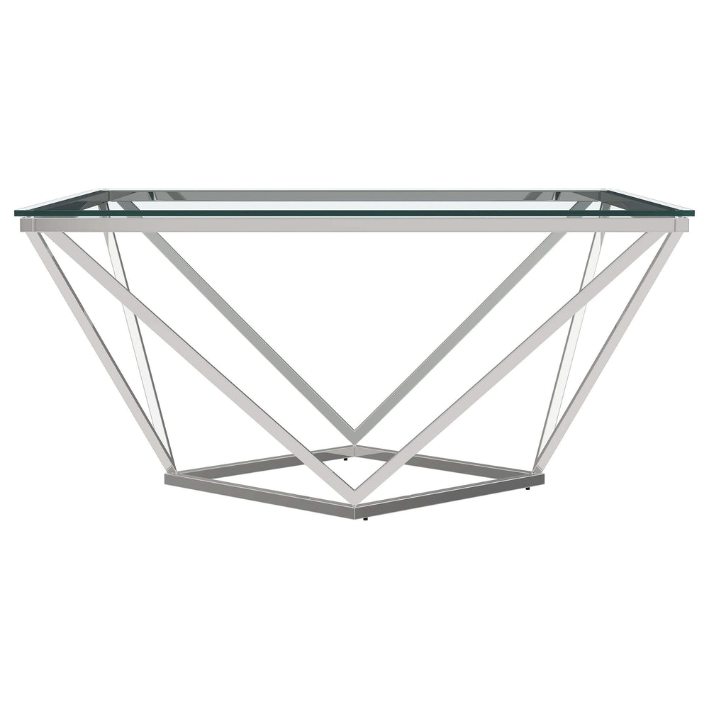 Mesa de centro geométrica Brittania con tapa de cristal cuadrada en níquel