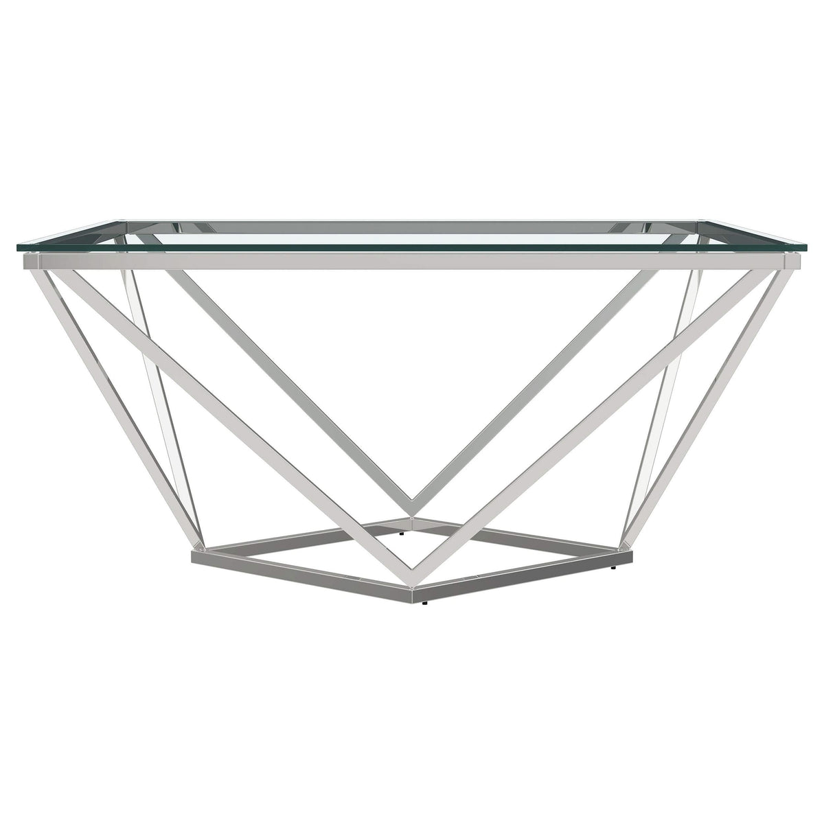 Mesa de centro geométrica Brittania con tapa de cristal cuadrada en níquel