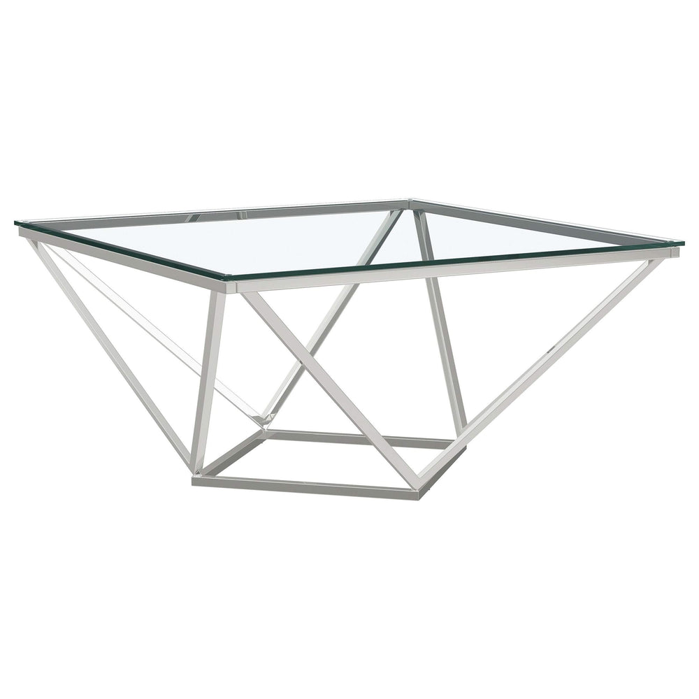 Mesa de centro geométrica Brittania con tapa de cristal cuadrada en níquel