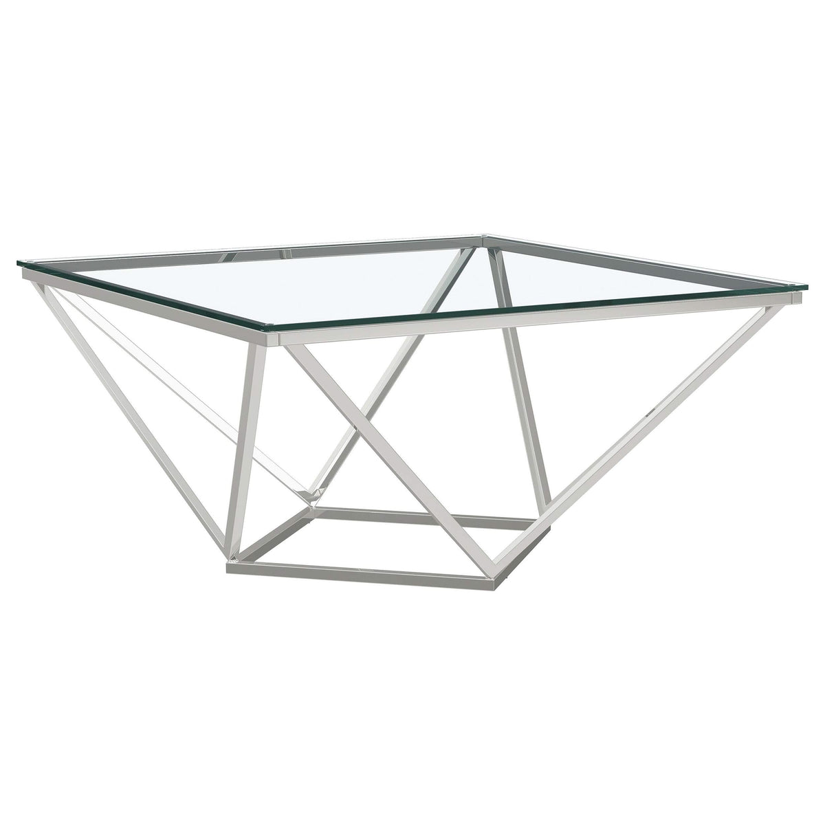 Mesa de centro geométrica Brittania con tapa de cristal cuadrada en níquel