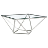 Mesa de centro geométrica Brittania con tapa de cristal cuadrada en níquel
