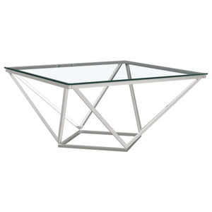 Mesa de centro geométrica Brittania con tapa de cristal cuadrada en níquel