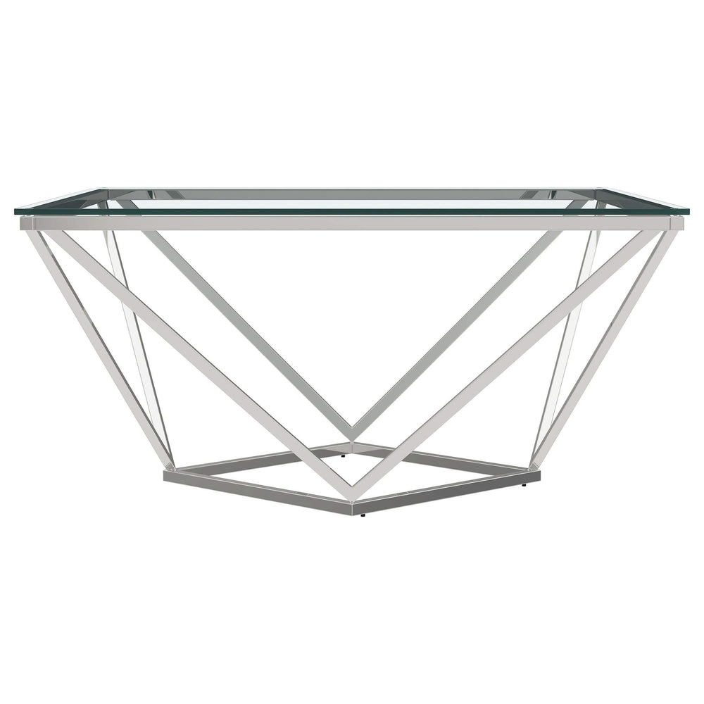 Mesa de centro geométrica Brittania con tapa de cristal cuadrada en níquel