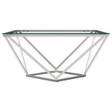 Mesa de centro geométrica Brittania con tapa de cristal cuadrada en níquel