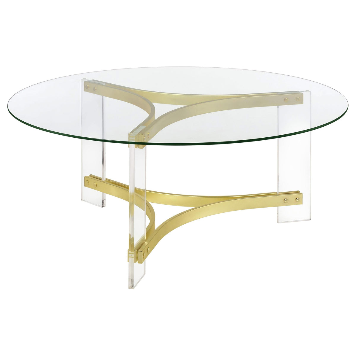 Mesa de centro Janessa redonda con tapa de vidrio y patas acrílicas, latón mate
