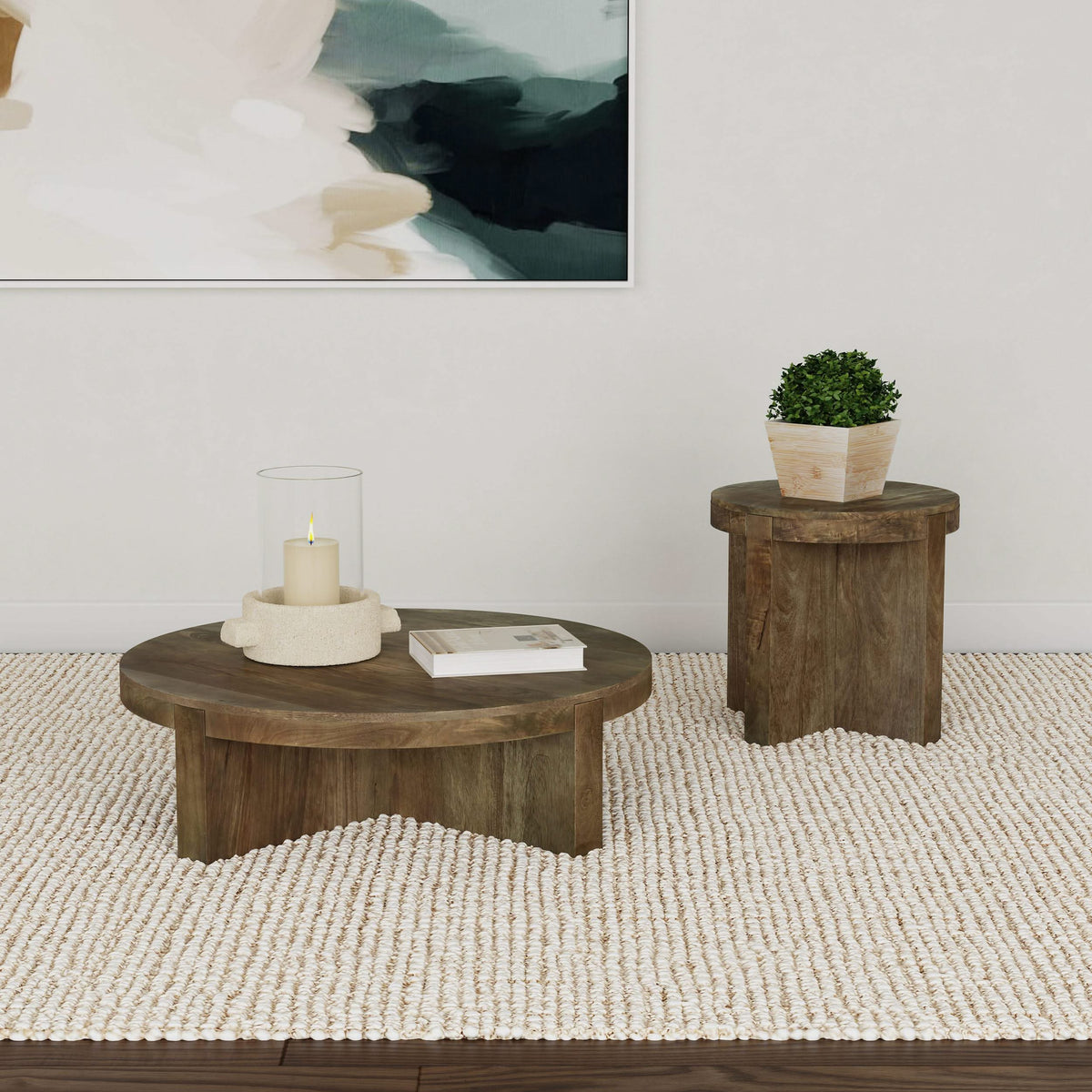 Mesa de centro redonda Kinkaid de madera maciza de mango marrón