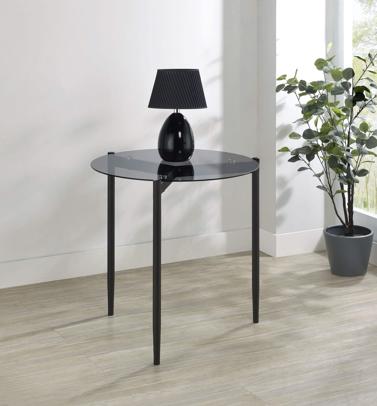 Mesa auxiliar redonda Rosalie con tapa de cristal ahumado, color gris