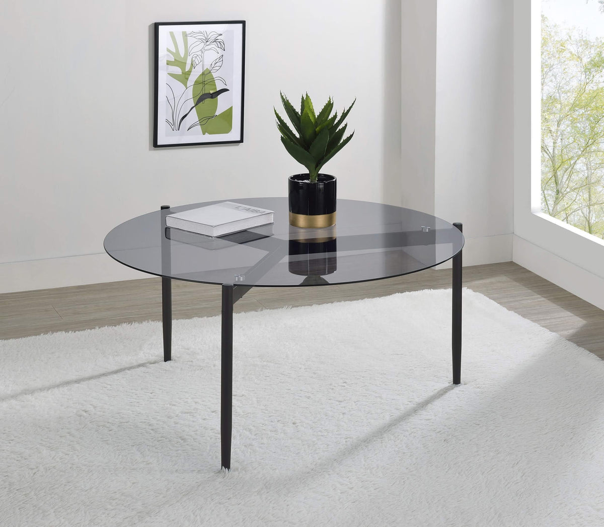 Mesa de centro redonda Rosalie con tapa de cristal ahumado, color gris