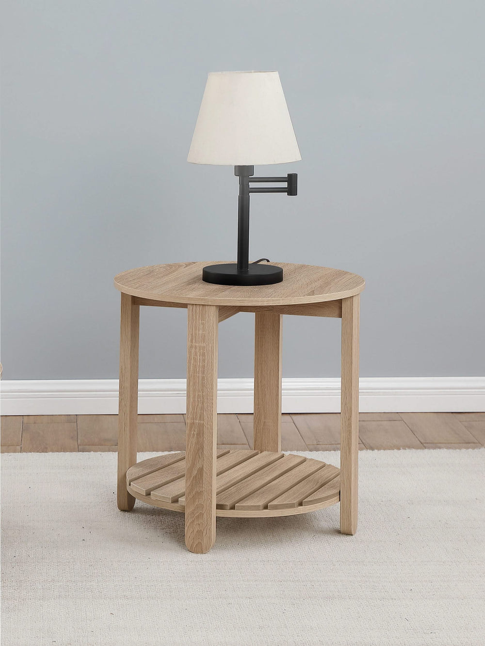 Mesa auxiliar redonda de madera de ingeniería Fowler de 1 estante, color natural