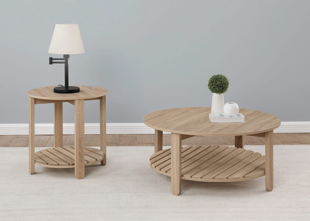 Mesa auxiliar redonda de madera de ingeniería Fowler de 1 estante, color natural