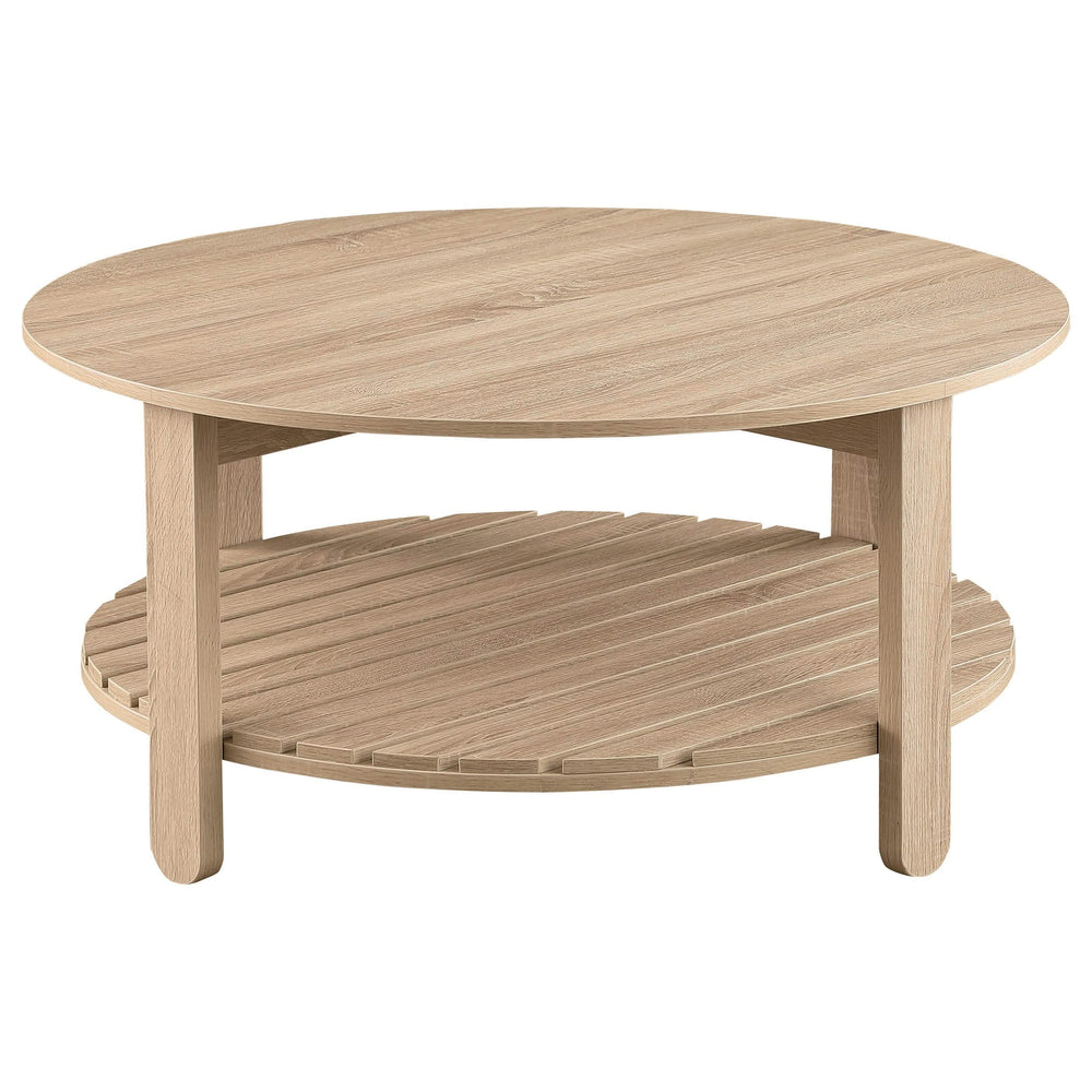 Mesa de centro redonda de madera de ingeniería Fowler de 1 estante, color natural