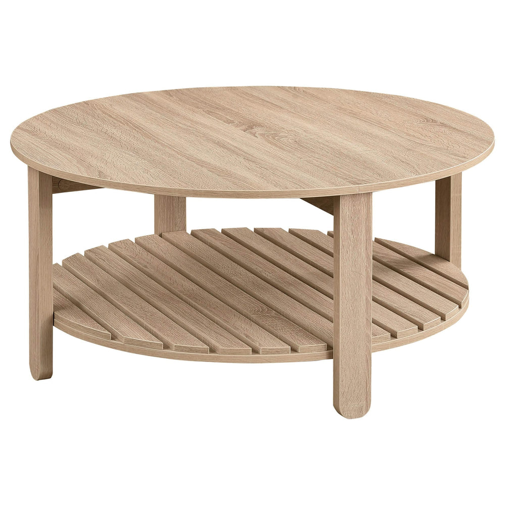 Mesa de centro redonda de madera de ingeniería Fowler de 1 estante, color natural