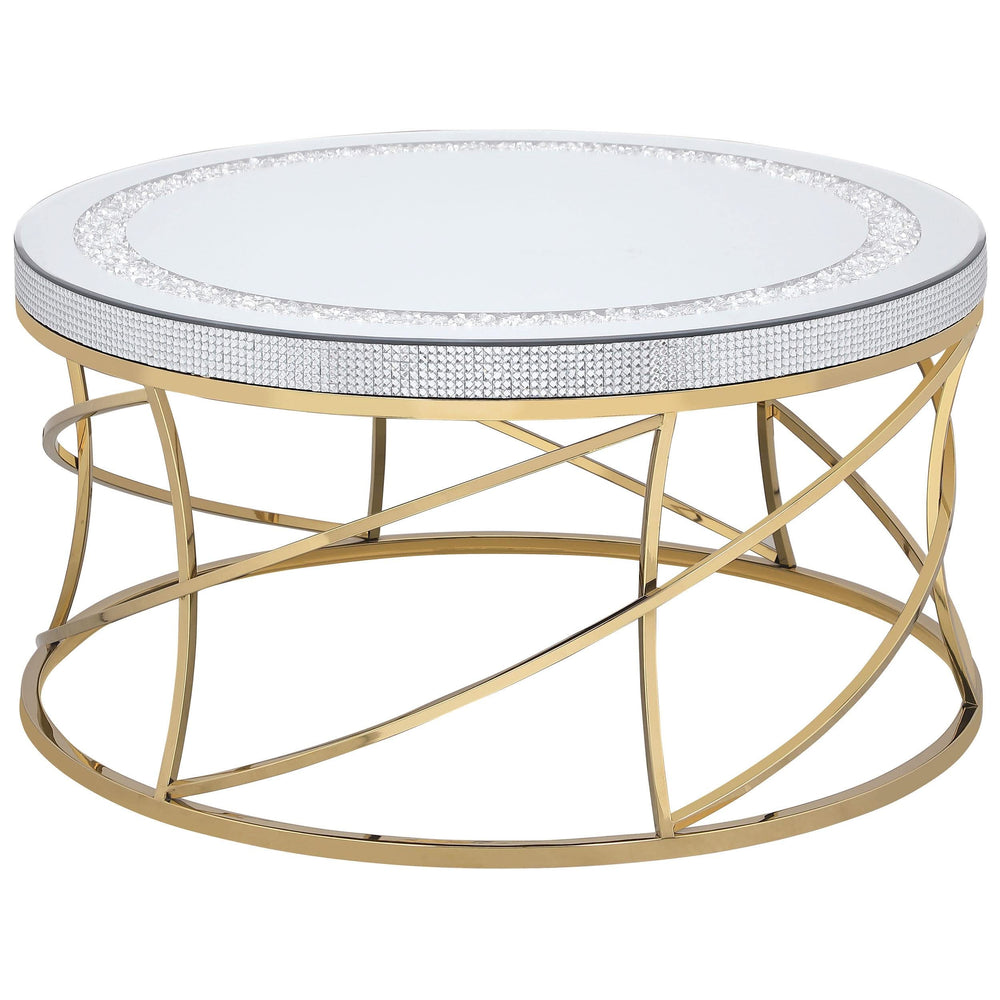 Mesa de centro Elise de acero inoxidable con superficie de espejo redonda, color dorado