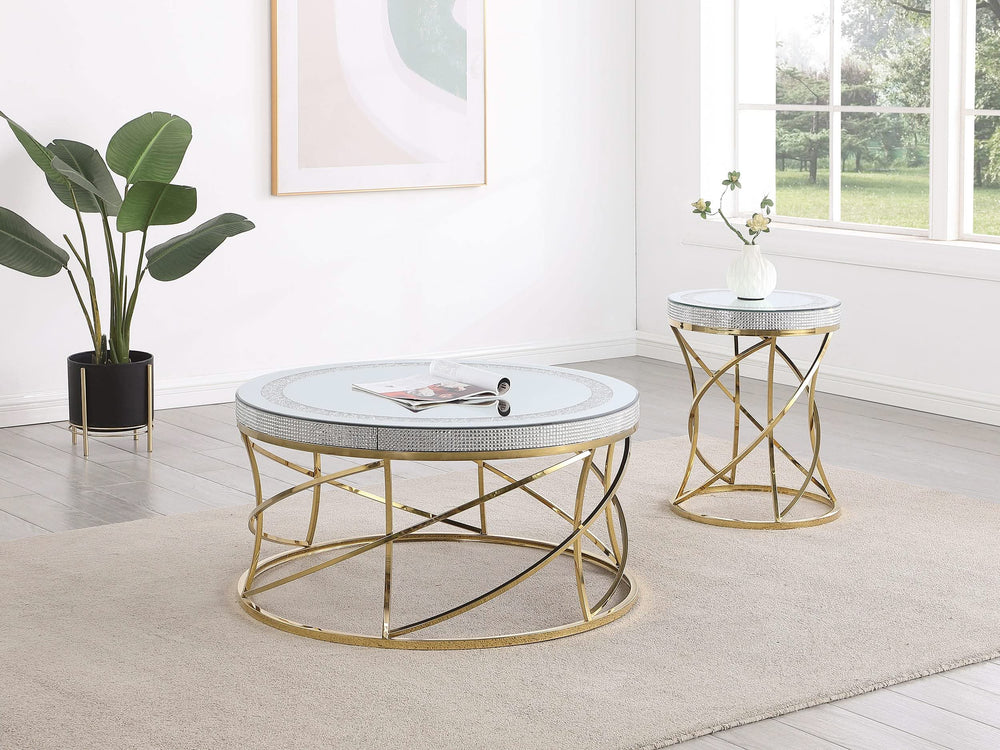 Mesa de centro Elise de acero inoxidable con superficie de espejo redonda, color dorado