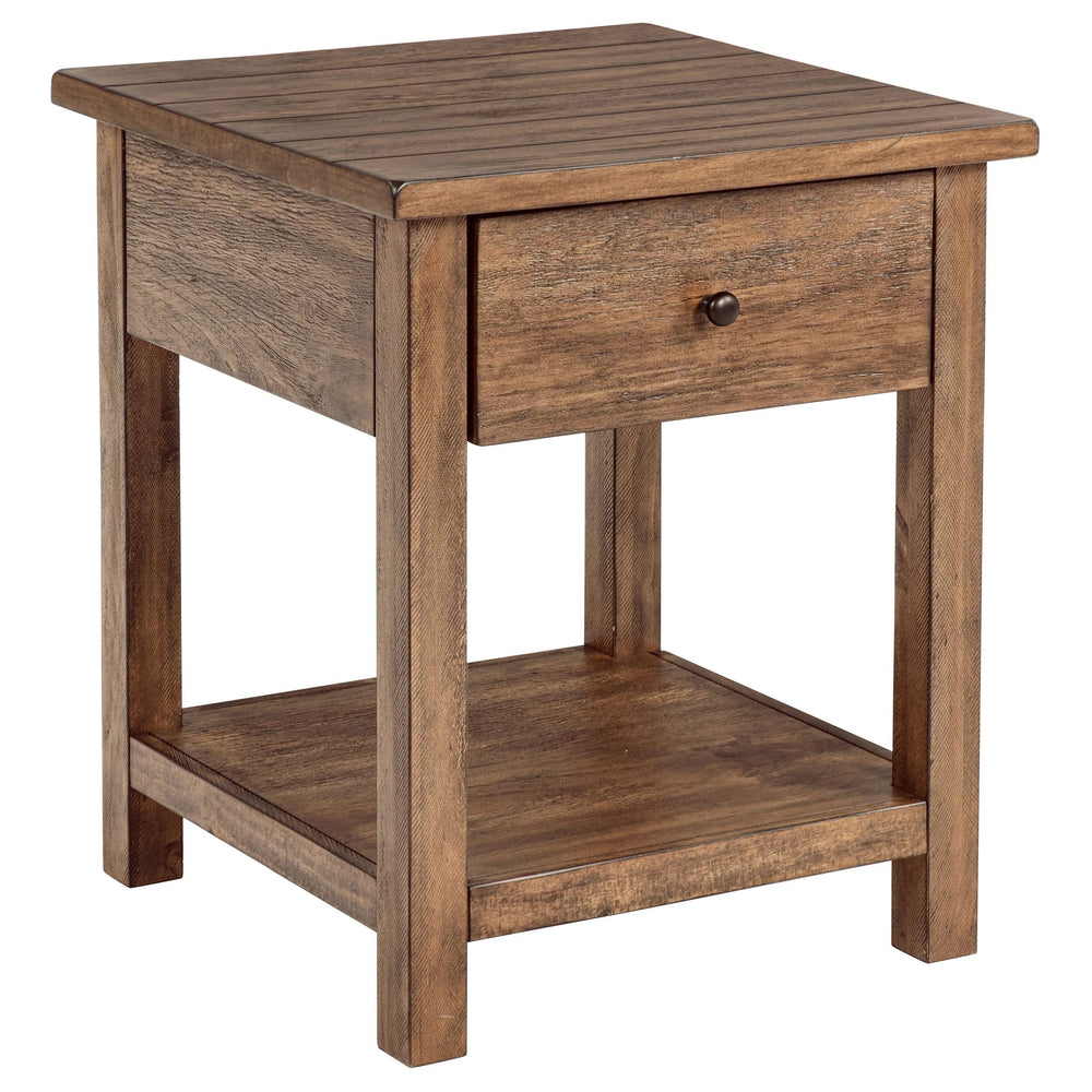 Mesa auxiliar de madera Payne con 1 cajón y estante, color marrón envejecido