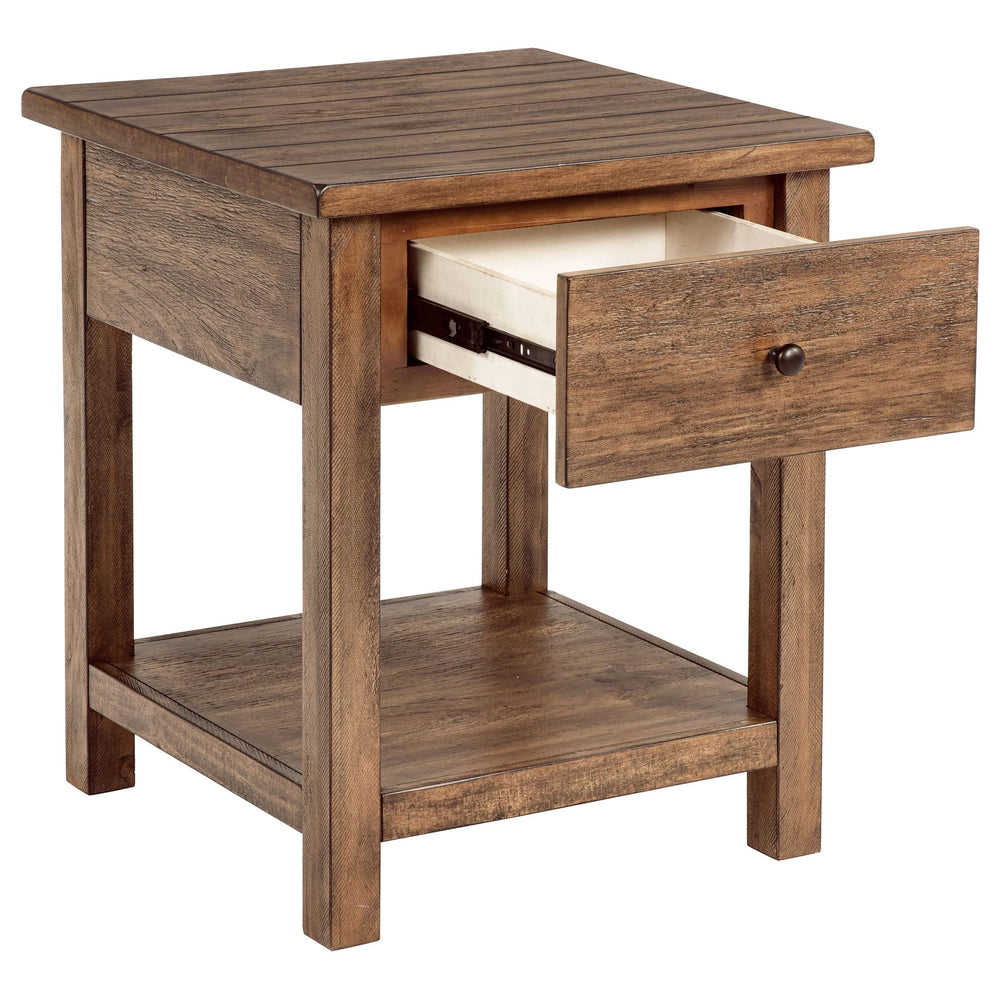 Mesa auxiliar de madera Payne con 1 cajón y estante, color marrón envejecido