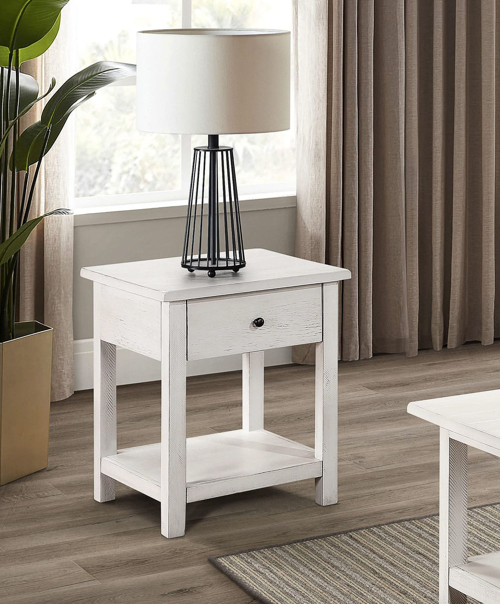 Mesa auxiliar de madera Payne con 1 cajón y estante, color blanco envejecido