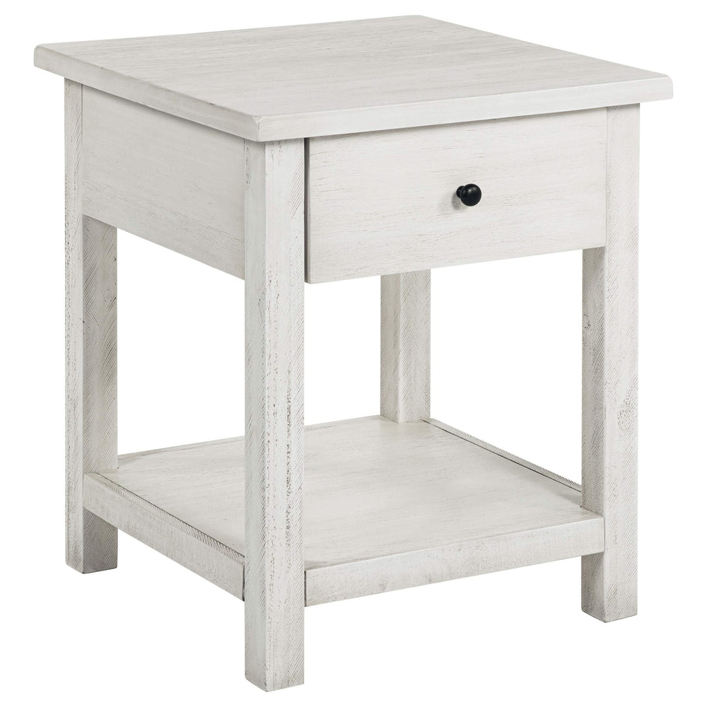Mesa auxiliar de madera Payne con 1 cajón y estante, color blanco envejecido