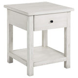 Mesa auxiliar de madera Payne con 1 cajón y estante, color blanco envejecido