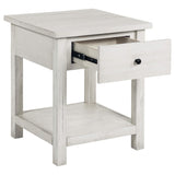 Mesa auxiliar de madera Payne con 1 cajón y estante, color blanco envejecido