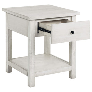 Mesa auxiliar de madera Payne con 1 cajón y estante, color blanco envejecido