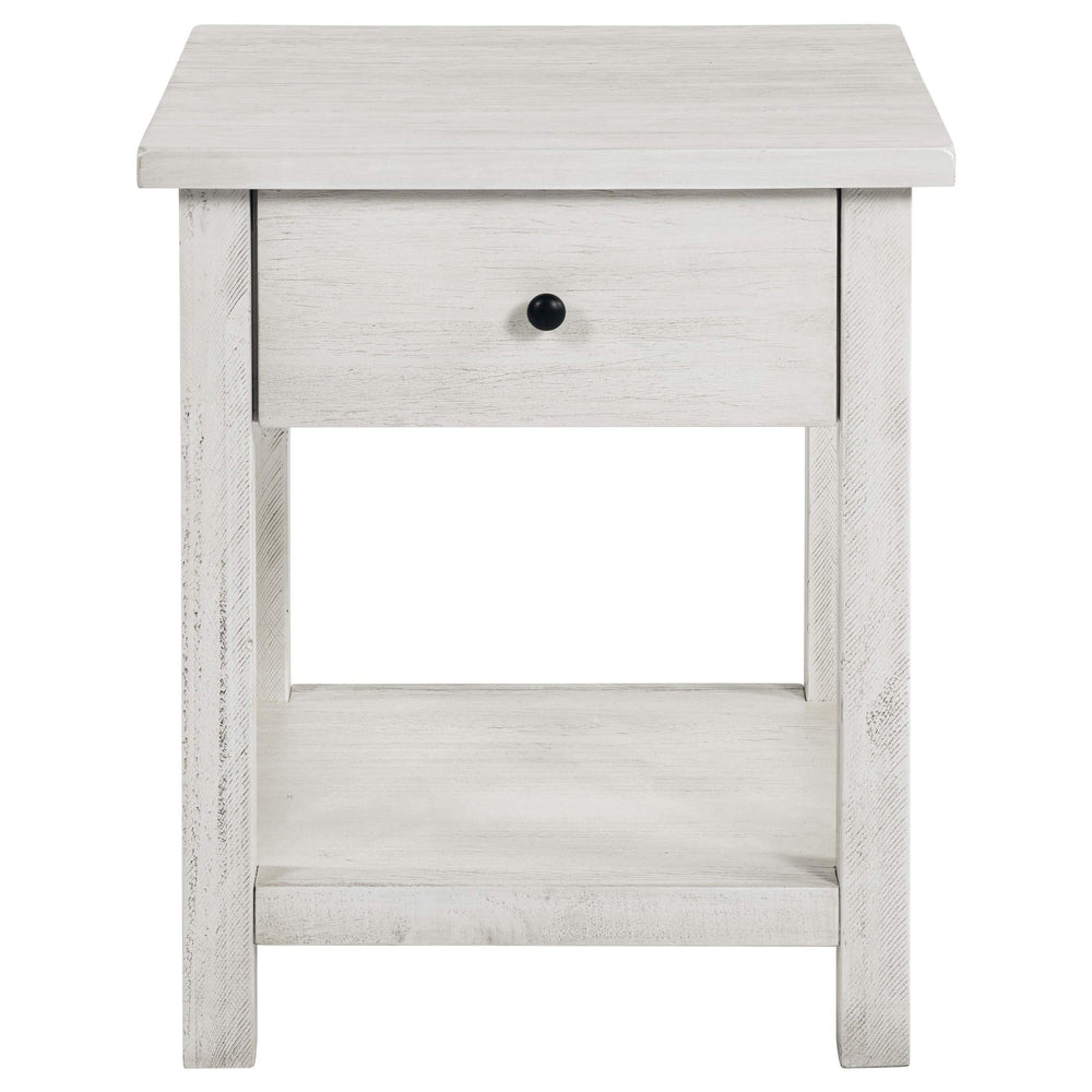 Mesa auxiliar de madera Payne con 1 cajón y estante, color blanco envejecido