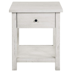 Mesa auxiliar de madera Payne con 1 cajón y estante, color blanco envejecido