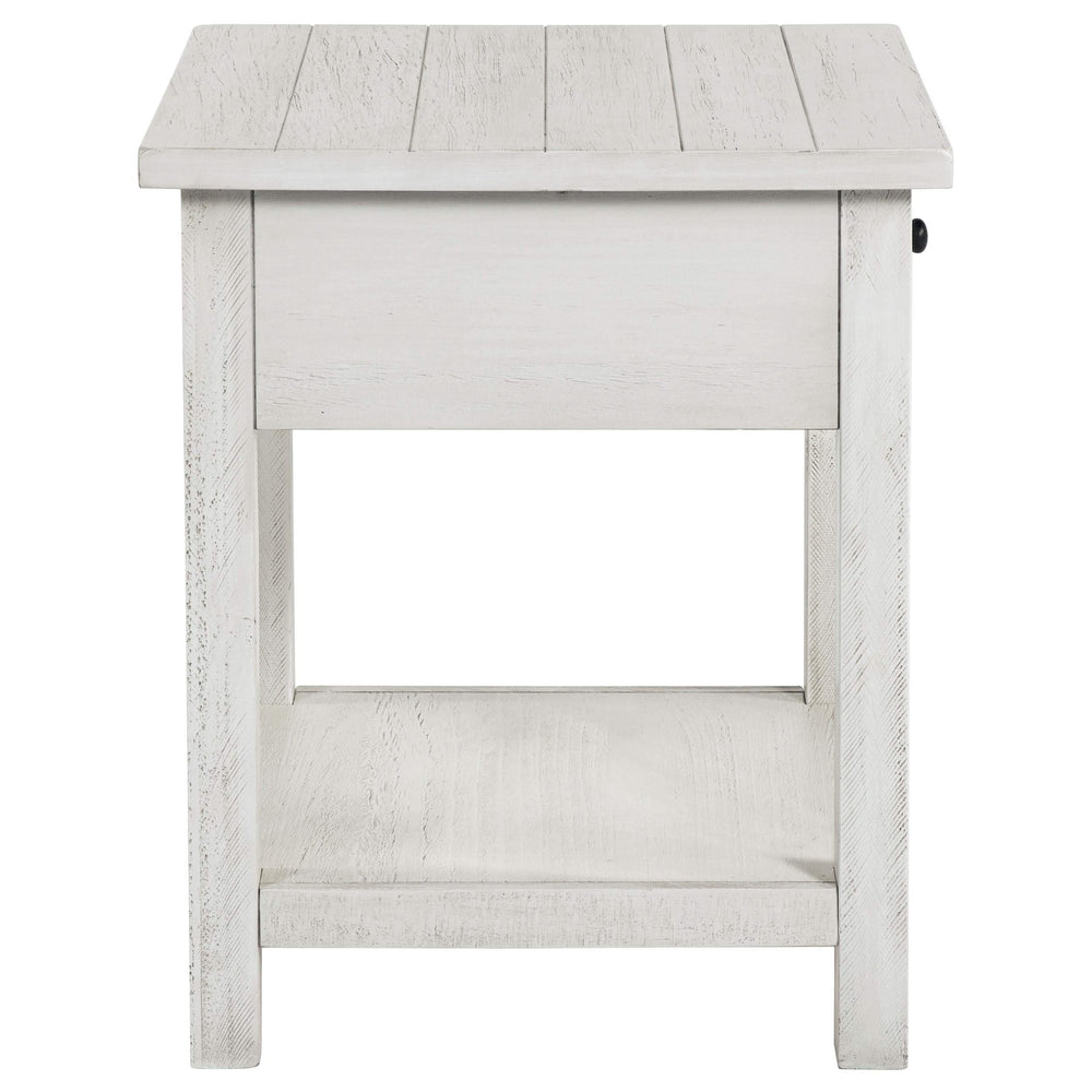 Mesa auxiliar de madera Payne con 1 cajón y estante, color blanco envejecido