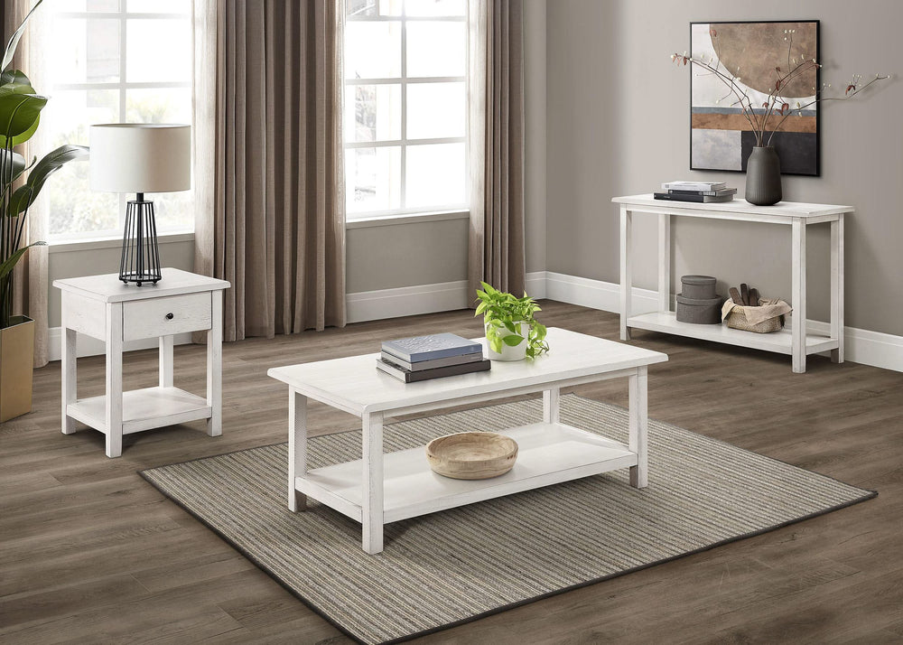 Mesa auxiliar de madera Payne con 1 cajón y estante, color blanco envejecido